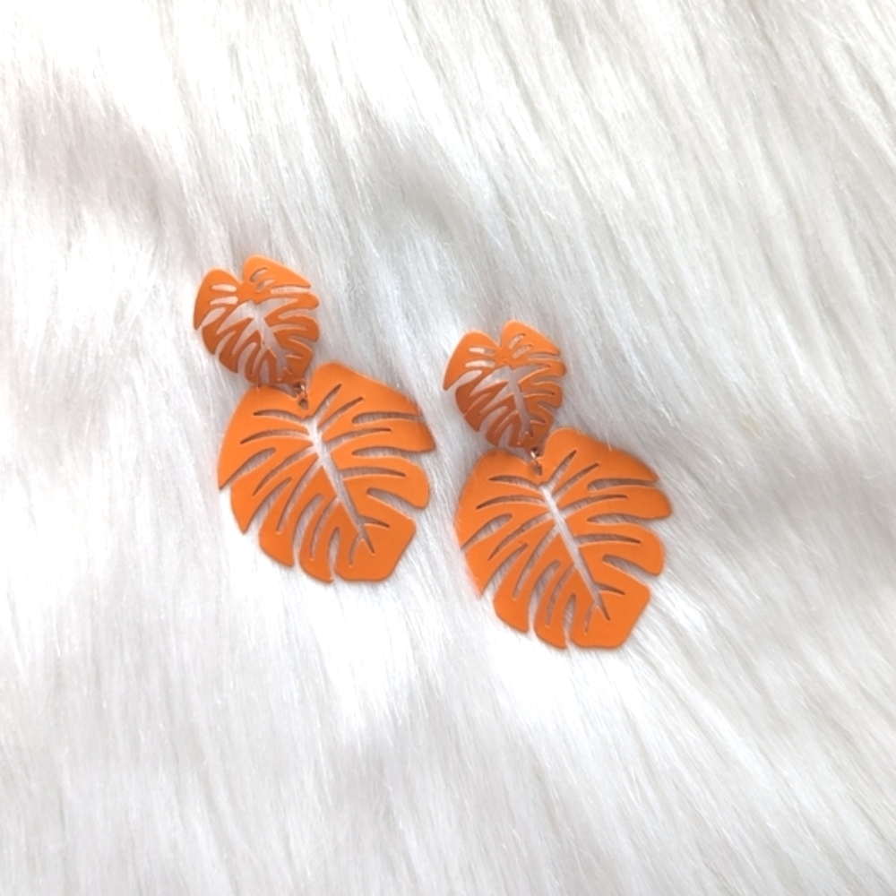Orange Monstera leaf charm earrings